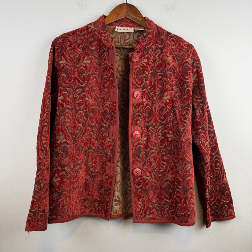 VTG Flashback Tapestry Jacket Women M Red Damask Mock Neck Chenille Victorian